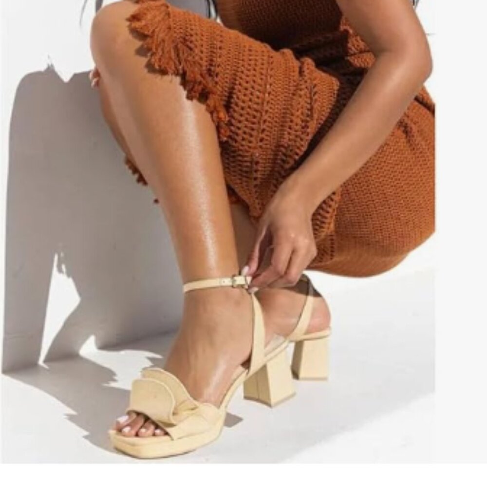Pazzion Khaki Platform Square Toe Pleated Ruffle Block High Heel Strap Sandal